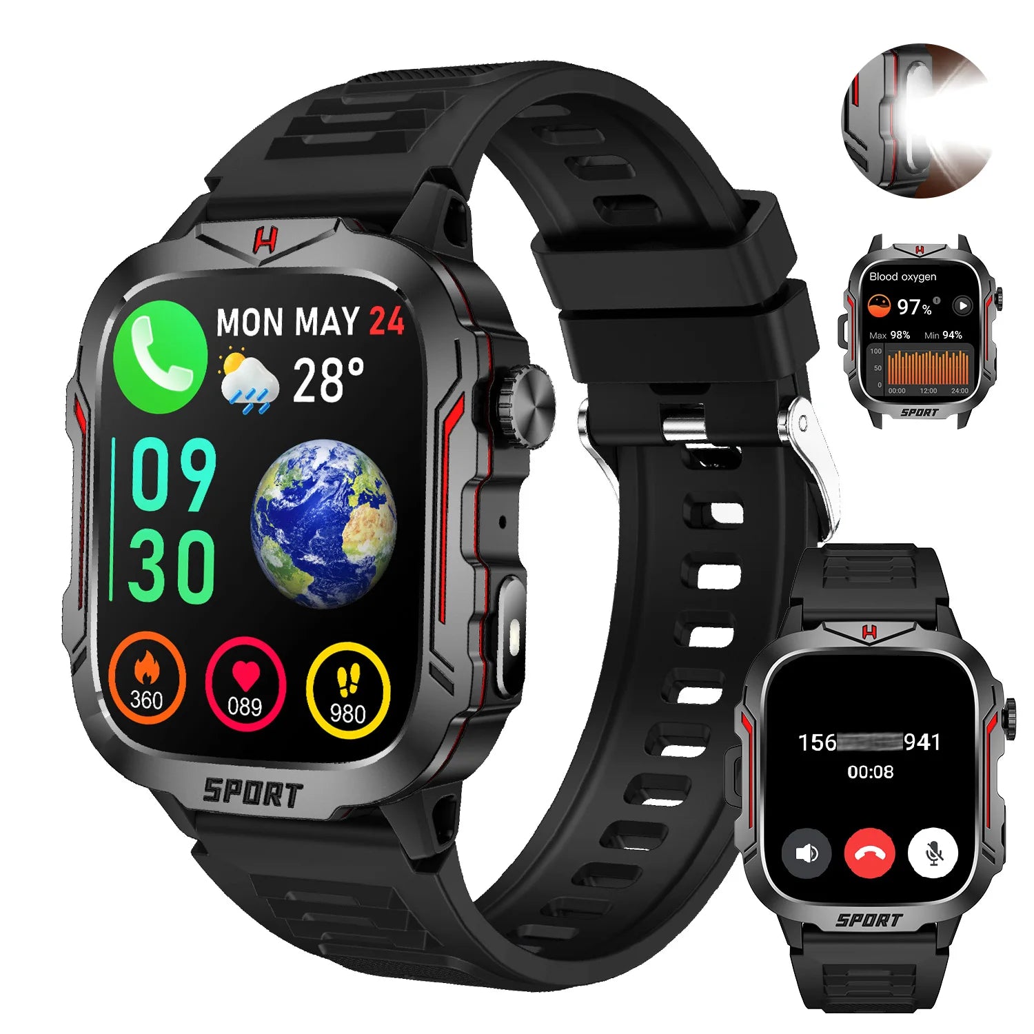 Strong Flashlight Smart Watch for Men/Women, 1.96'' Screen Fitness Tracker with AI Voice Assistant/ Bluetooth Call/ 100+Sports Black silicone S919ac9a7e8ef48749fa5ab53032e1ba3k Red, White and Blue Products Store